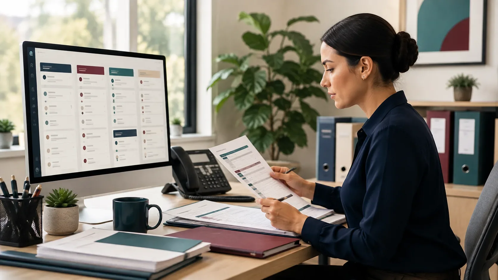 Authorization coordinator reviewing payer requirements and follow-up statuses