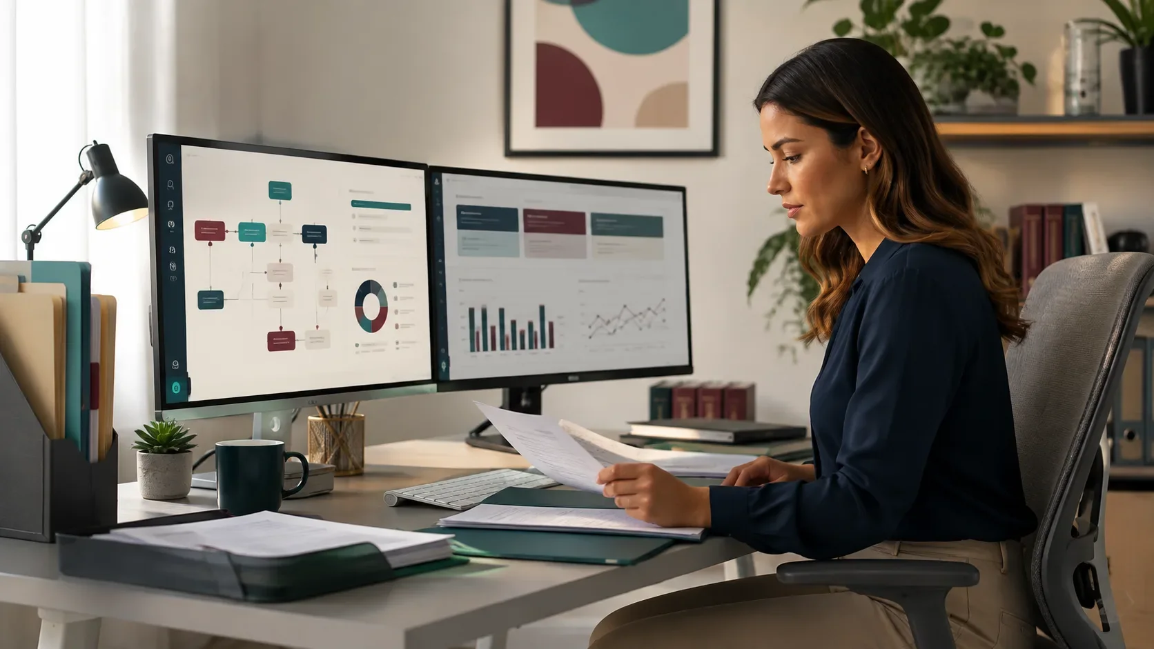 Healthcare administrator reviewing billing workflow statuses and reports